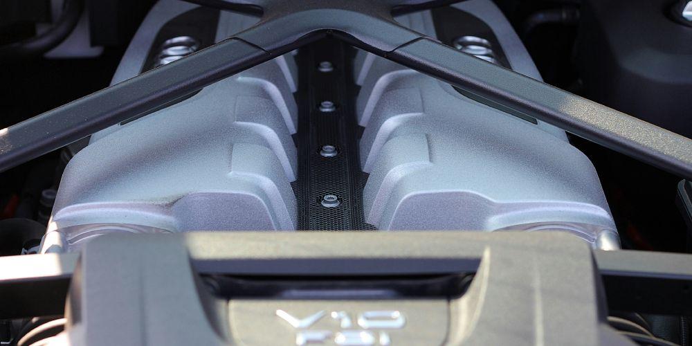  The engine bay of an Audi R8, featuring the V10 engine