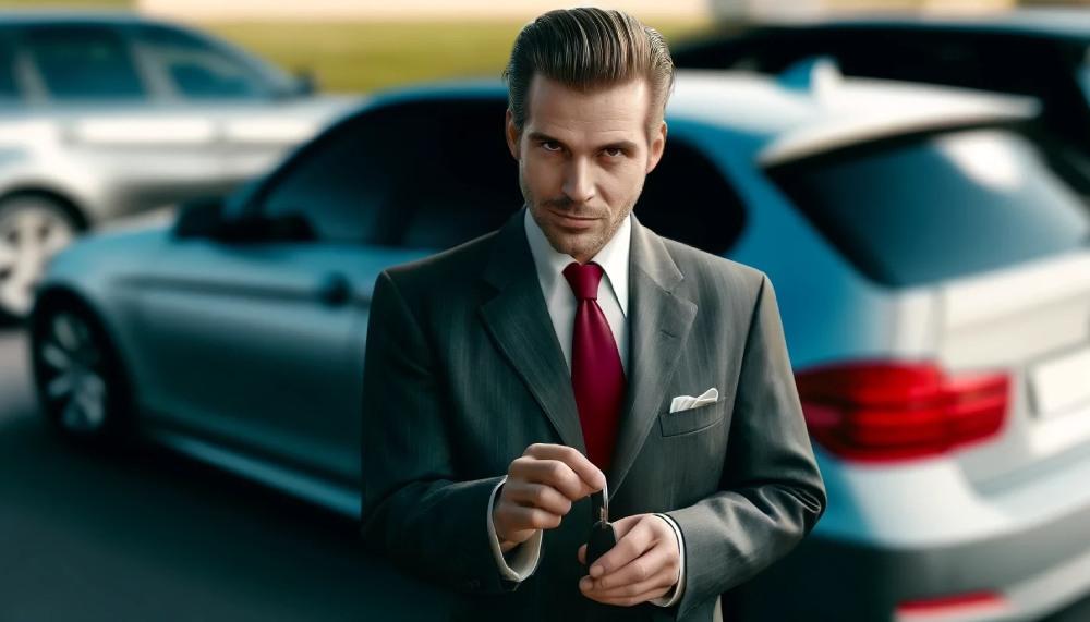 Car salesman with slicked-back hair, holding a car key, standing in front of a lineup of cars.