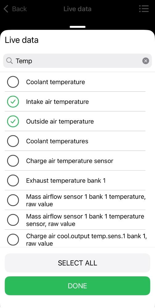 Live data list in OBDeleven